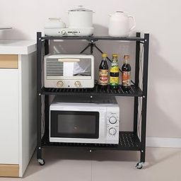 HOKIPO Carbon Steel 3 Tier Foldable Kitchen Trolley Rack With Lockable Wheels (AR-4975), Black-11
