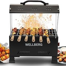 Wellberg 2-in-1 Electric & Charcoal Barbecue Grill Set 1200W Stainless Steel Element 13Inch Size Includes Tong Skewers Portable Grill for Home Camping Barbecue Grill for Outdoor Cooking (BLACK)-image-12