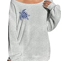 sxv style Light Gray Loose Fit Off Shoulder Casual Long Sleeve Sweatshirt for Women, Turtle Pattern, Retro Casual Style-picture-11