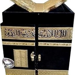 GKG STORE Rectangular Holy Quran Holder Islamic Khana Kaba Replica Wooden Velvet Handcrafted Quran Sharif Box - Golden, Black, 10.8 x 9.75 x 9.75 inches-image-8