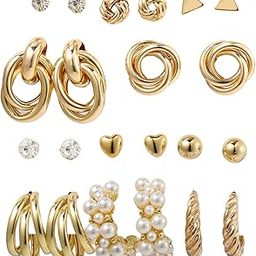 11 Pairs Combo Set Celebrity Inspired Latest Trendy Stylish Gold Plated Geometric Twist Pearl Hoop Dangle Earrings for Women and Girls-32