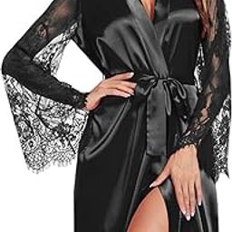 Women's Comfortable Sexy Flared Sleeve Lace Tie Nightdress Silky Kimono For Bride | Satin Robes for Women-picture-16