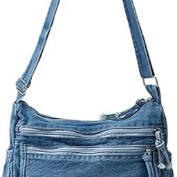 Denim Shoulder Bag for Women, Canvas Aesthetic Crossbody Bag, Lightweight Hobo Handbags, Retro Messenger Bag for Teen Girls, Casual Style Jeans Purse for everyday Use with Zipper Pockets-14