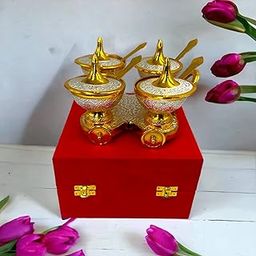 Piepot | German Silver Gift Items for Marriage | Silver-Gold Plated Table Trolley Set | 4 Bowl Trolley l Size - 8" x 8" (Bowl - 3" Diameter) | Serving for Mukwas, Nuts, Sweets etc.-image-5
