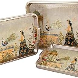 WARMEO Royal Wooden Serving Tray Set |Multipurpose Decorative Trays|Premium MDF Resin Tray l Rectangular | Set of 3| Vibrant Peacock-image-74