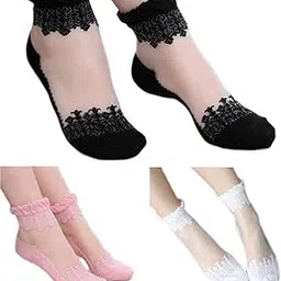 pinkit 90% acrylic Nylon and 10% cotton Ultrathin Transparent Beautiful Crystal Lace Elastic Socks For Women - 3 Pair - Black, Pink & White-picture-2