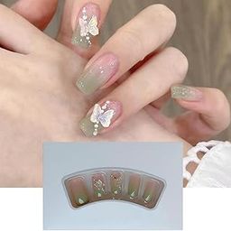 S.A.V.I 24 PCs Long Square Nude Green Ombre Press-On Nails - 3D Butterfly Decoration, Manicure Fake Nails Set-picture-19