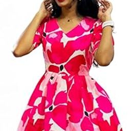 Women's Floral Printed Rayon Gown, V-Neck, Short Sleeves Casual Dress for College & Campus Wear-29