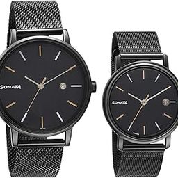 Quartz Analog with Date Black Dial Metal Strap Watch for Couple-NS713187029NM01P-image-19