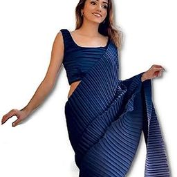 Women's Full Crushed/Pleated Satin Saree With Unstitched Blouse Piece-image-30