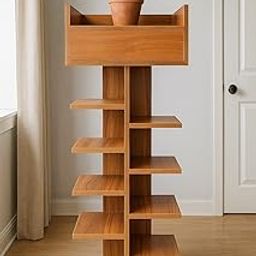 Modern Wooden Display Shelf, 8-Tier Staggered Design, Plant Stand with Top Storage Box, Oak Finish-image-88