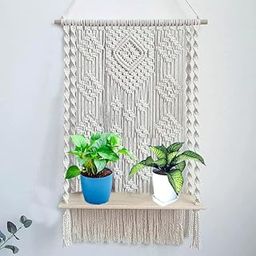 ACN Kohinoor | Macrame Wall Hanging Decor with Floating Wooden Shelf | Boho Stylish Organizer Large | Handmade Rustic Rack for Living Room, BedroomOffice, Balcony Size 16 x 32 x 5 inch-image-46