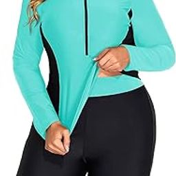 Women 2 Piece Plus Size Long Sleeve Rash Guard Zip Front Athletic Bottom Tankini Swimsuits UPF 50-image-22