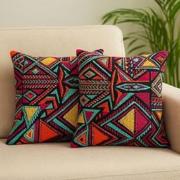 neecasa Hand Embroidered Handloom Cushion Cover - Set of 2 - Multicolor - Square Pillowcase 16x16-picture-19