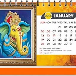 ESCAPER Lord Ganesha Standing Flip Desktop Calendar 2025, 12 Monthly Pages with Thick Paper Twin-Wire Binding Table Calendar 2025 (A5 Size, 8.5" x 5.5")-11
