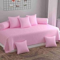 Castiqa Satin Fabric Stripes Patter Diwan Blend Set of 8 Pcs One Single Bed Sheet with 5 Cushions Covers and 2 Bolster Covers (Light Pink)-image-66