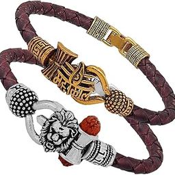 Handcrafted Spiritual One Sided Mahakal Trishul Damru OM Rudraksha Multicolor Leather Metal Bracelet for Men and Boys-7