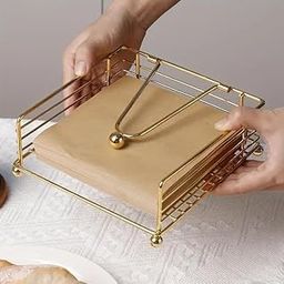 STARSON Overseas Gold Napkin Holder for Dining Table – Square Tissue Holder with Weighted Arm | Modern Metal Paper Napkin Dispenser for Kitchen, Restaurant, Outdoor – 15x15x5 cm-image-122