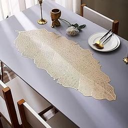 JEWEAVE Modern Rexine Cutwork Table Runner – Waterproof Faux Leather for Center Table, Stain Resistant, Durable & Easy Maintenance, Elegant Home Decor Accent | Banana Leaf Golden Color-image-91