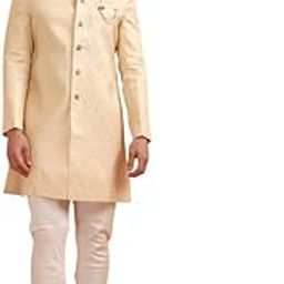 Men Cream Jacquard Indowestern Sherwani Churidar Set with Ethnic Motifs-image-88