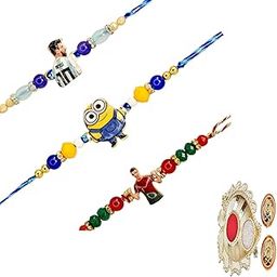 Cartoon Character Messi, Ronaldo, Minion theme Set of 3 Rakhi, Combo Pack Bracelet Kids Rakhi for Small Brother with Decorative Puja Thali, Roli Chawal and Rakshabandhan Greeting Card-image-1