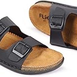 FLIK Leather Footbed Double Buckle Sandals, Black/Tan Leather Slides, Comfort Slip-On-image-78