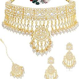 Exclusive Kundan Gold Plated Pearl Choker Necklace Set for Women (SKR85708), White, Free Size-43