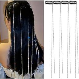 CHIROGRAPHY 4 Pcs Premium Hair Chains for Women, Rhinestone Tassel Silver Hair Clips, Hair Extensions Decorative Hair Clip Hairpin for Girls Nightclub Party Headwear-31