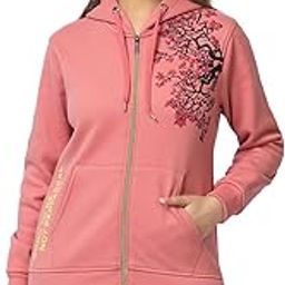 Peach Zipper Hoodie with Floral Print, Imported Fleece for Women-picture-4
