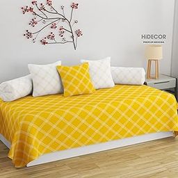 HIDECOR Super Soft Cotton Geometrical diwan Set for Living Room, diwan Set Covers Cotton, diwan Set 6 Pieces One Single Bedsheet with 3 Cushion Cover,2 Bolster (Yellow)-image-105