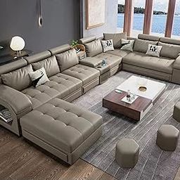 FURNART FURNITURE & INTERIOR Modern U-Shaped Sectional Sofa Set with Storage, 9 Seater, Sofa Couch with 4 Puffy for Hall Guest Room, Leatherette (Beige)-image-71