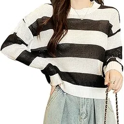 icw Women's Knitted Hollow Out Color Block Long Sleeve Stripe Pullover Top T-Shirt Dn65 (One Size Fit XS-S-M-L)-picture-26
