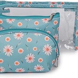 QIPS Set of 3 Cosmetic Pouches – Large, Medium, and Small Makeup & Toiletry Organizer, Travel Vanity Pouch with Zipper Closure (Blue)-image-2