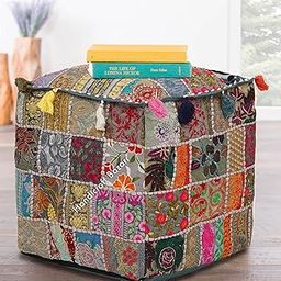 Handicraft Bazarr Ottoman for Home Decor Pouffe Cover Square Sitting Pouf Patchwork Cotton Footstool Pouffe Vintage Decorative Pouffe Cover Bean Bag Cover-image-87