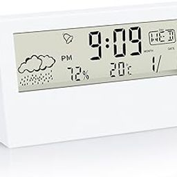 KADIO Plastic Digital Alarm Clock, Transparent LCD Display with Indoor Temperature, Humidness, Snooze, Date,Week,12/24H, Battery Operated Alarm Clock Desk Clock for Bedrooms, Living Room, White-35