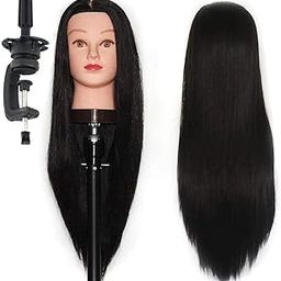 FLUSHIA 26"-28" Mannequin Head Hair Styling Training Head Manikin Cosmetology Doll Head Synthetic Fiber Hair and Free Clamp Holder Stand (Black color)-image-0