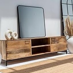 Modern Wooden TV Stand Entertainment Unit – 2-Door Media Console with Open Shelves, Natural Wood Finish and Sturdy Metal Base for Living Room-image-7