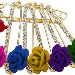 Multi-color Diamond Studded Traditional Indian Saree Safety Pins and Brooches Red Rose with Crystal Stone Sari Pins for Women's and Girl's Golden (Pack Of 6)-image-6
