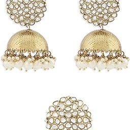 Antique Gold Tone Traditional Kundan Jhumki Earring & Ring Set For Women-ZPFK13163-5