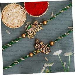 Green & Golden Set of 2 Shri Krishna and Radha Krishna Playing Flute Designer Religious Rakhis with Roli Chawal Pack - Rakhi for Brother, Bhaiya, Bhai-52