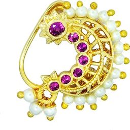 Maharashtrian Nath Gold Plated Pressing Nose Stud Pin Pearl and Ruby Stone Studded Non Pierced Clip On Nose Pin for Women and Girls-8