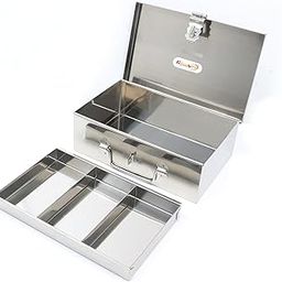 GinoSet® Stainless Steel Storage Boxes - Multi-Purpose Safe Locker and Cash Box with Removable Tray (4 Compartments) for Shop Counter Drawer-image-60