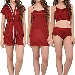 Women's Satin Solid Pyjama Set Pack of 4-image-98