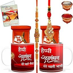 Designer Rakhi Set for Brother Bhabhi, Rakhi Set with 2 Printed Coffee Mugs - Rakhi Gift Sets for Brother & Bhabhi with Chocolate, Coffee Mugs, Greetings Card & Roli Chawal-BCRakhi-L-03_D-09_Mug-BB-image-79