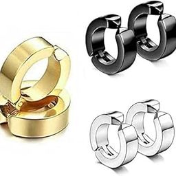 SV Stainless Steel Mens Womens Clip On Earrings Hoop Huggie Non-Piercing 3 Pairs-image-83
