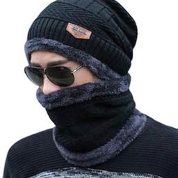 Woolen Beanie Cap Scarf Set Warm Knit Cap Air Proof Inside Fur Thick Fleece Lined Winter Hat & Neck Warmer (Mufflar) Combo For Men & Women-image-31
