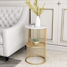 WOODWALLZ Coffee Round Accent Table for Living Room and Balcony with Metal & Engineered Wood Tabletop and Gold Coated Colour Frame -White-Gold-Jali-image-12