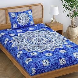 SheetKart Cotton Blend Traditional Mandala Jaipuri Printed Single Bedsheet with1 Pillow Cover - Azure Blue-image-4
