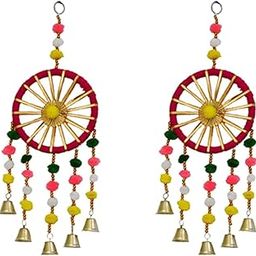 DJS GROUP Decorative Wind Chime Wall Hanging with Bells, Multicolour Pom Poms, Sunburst Design, Traditional Home Decor (2, Pink)-image-9