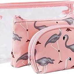 LATIQ MART 3 in 1 Cosmetic Vanity Flamingo Makeup Pouch Travel Organizer Toiletry Pouch for Women Zippered Transparent Portable Pouch Set, Large, Medium, Small-image-5